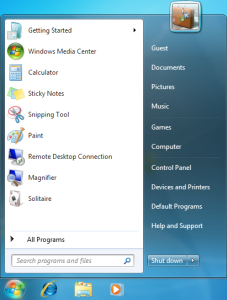 The Windows 7 Start Menu. Note the pinned apps.
