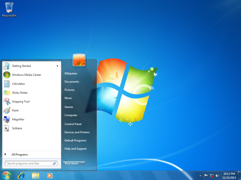 The Windows 7 Desktop and Start Menu. Note the limited space - what you see is what you get.