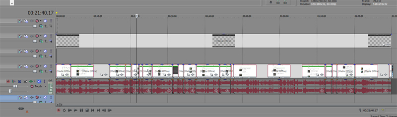 An example timeline, from an hour and a half video project. It took around 4 hours to listen to and edit, double checking myself, and took several more hours to render it's full hour and a half length